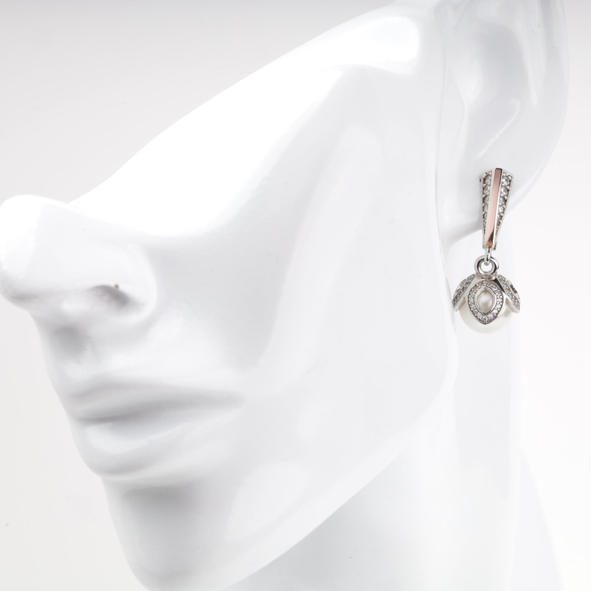 Rhodium-plated drop earrings with white spherical cubic zirconia — Kabluchka