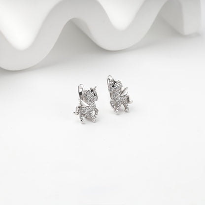 Silver 925 cubic zirconia winged unicorn earrings, front view