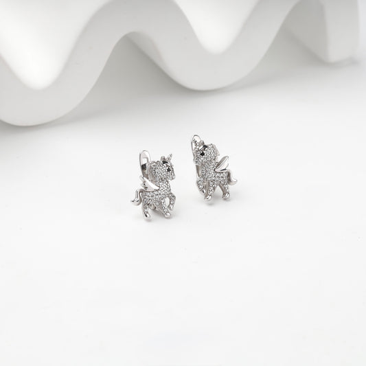 Silver 925 cubic zirconia winged unicorn earrings, front view