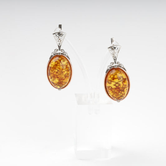 Silver 925 and Gold 375 amber drop earrings — front view — Kabluchka