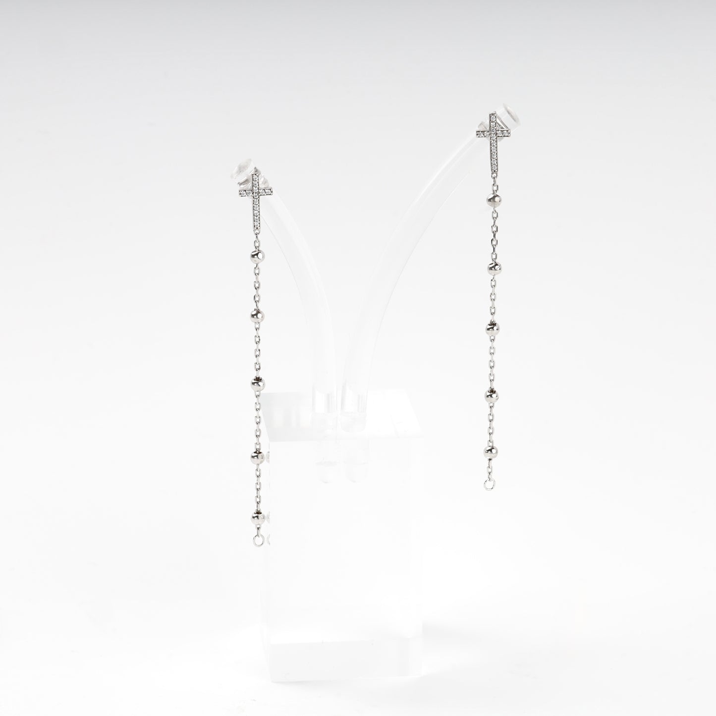 Silver 925 cross drop earrings with cubic zirconia and beaded chain — Kabluchka