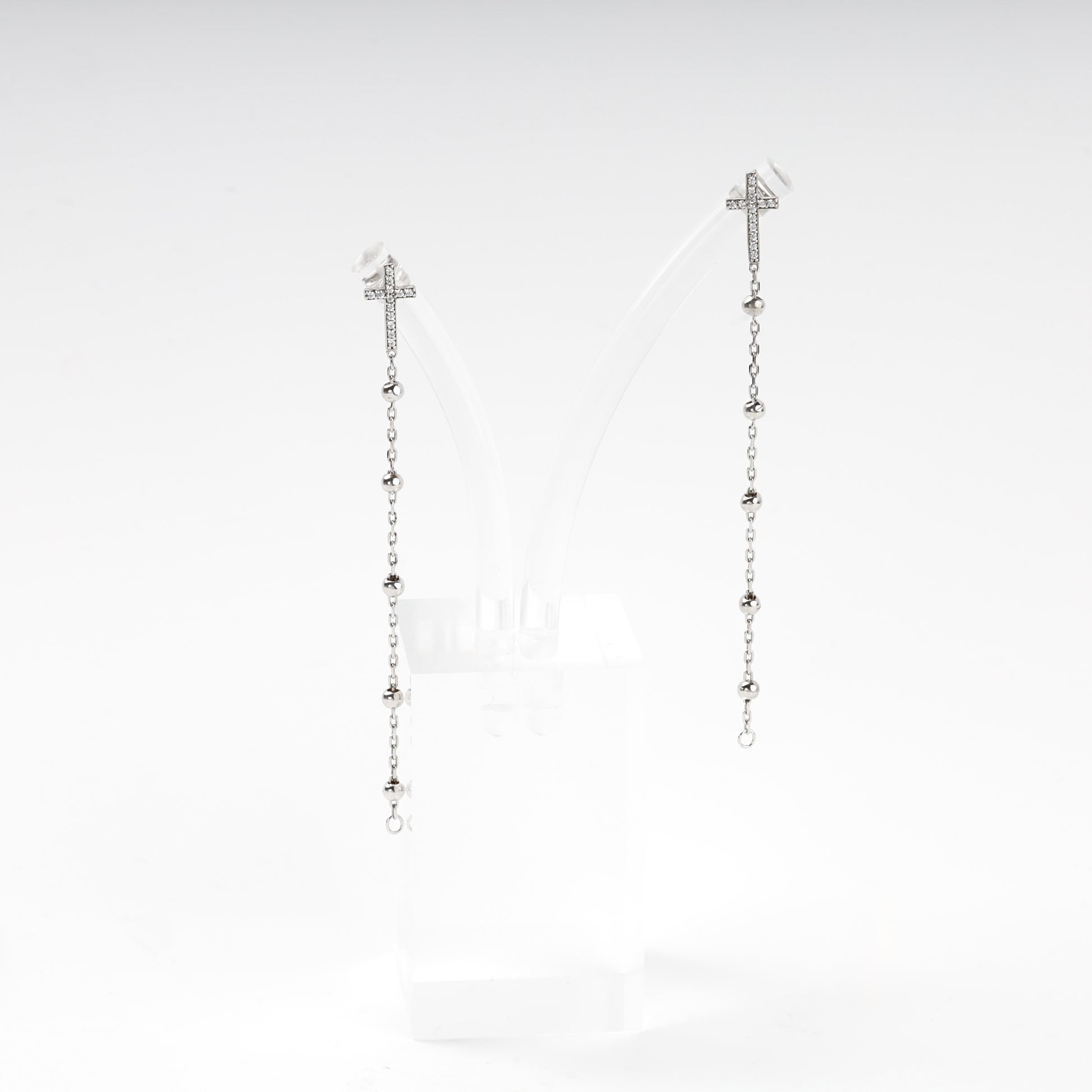 Silver 925 cross drop earrings with cubic zirconia and beaded chain — Kabluchka