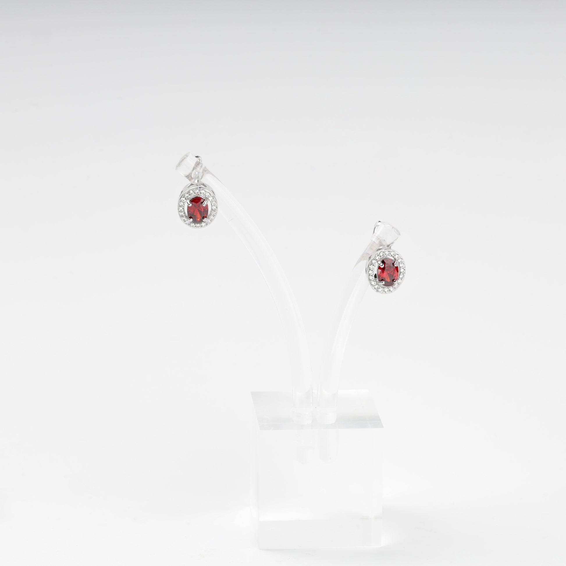 Pair of silver 925 red halo earrings on stand — Kabluchka
