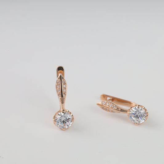 Rose gold drop earrings solitaire CZ front view - Kabluchka