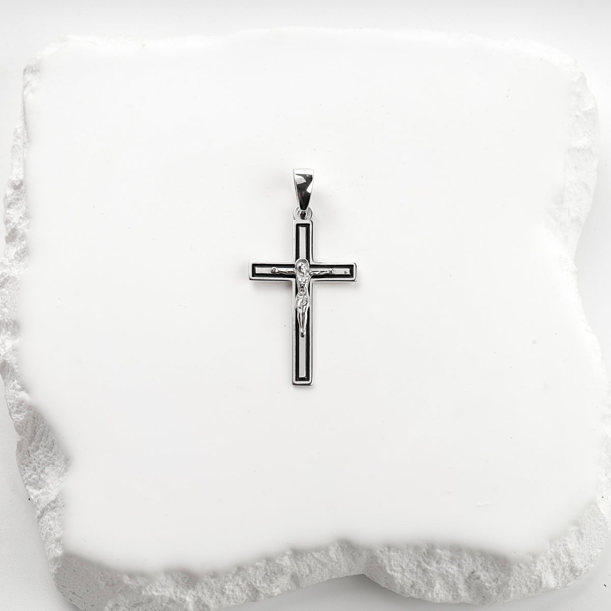 Silver 925 black enamel crucifix pendant, front view