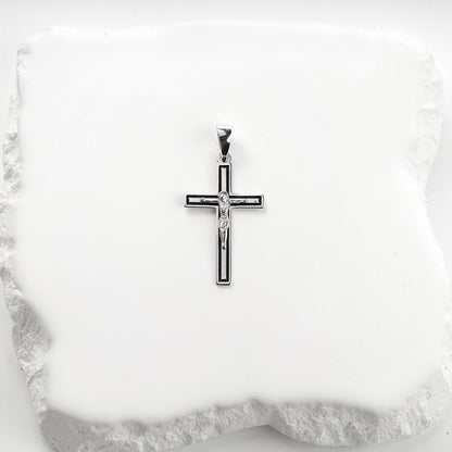 Silver 925 black enamel crucifix pendant, front view
