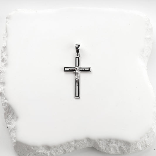 Silver 925 black enamel crucifix pendant, front view
