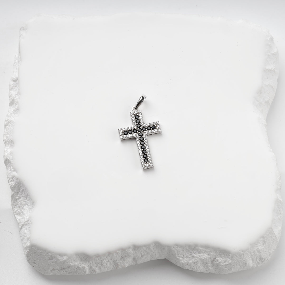Rhodium-plated silver black and clear cubic zirconia cross pendant — view 6 — Kabluchka