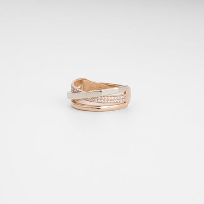 Two-tone gold cubic zirconia crossing ring — polished bands — Kabluchka