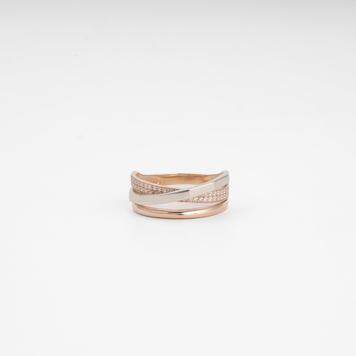 Two-tone gold cubic zirconia crossing ring — front view — Kabluchka