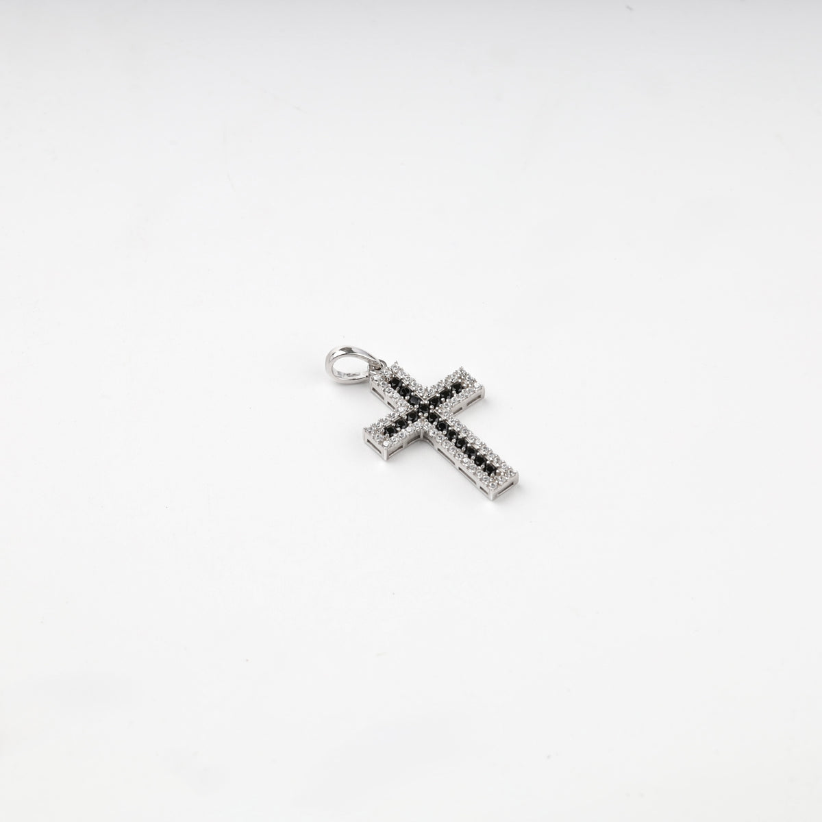 Rhodium-plated silver black and clear cubic zirconia cross pendant — view 1 — Kabluchka
