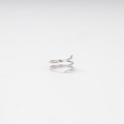 Silver snake ring showing the tapering tail and cubic zirconia coil — Kabluchka