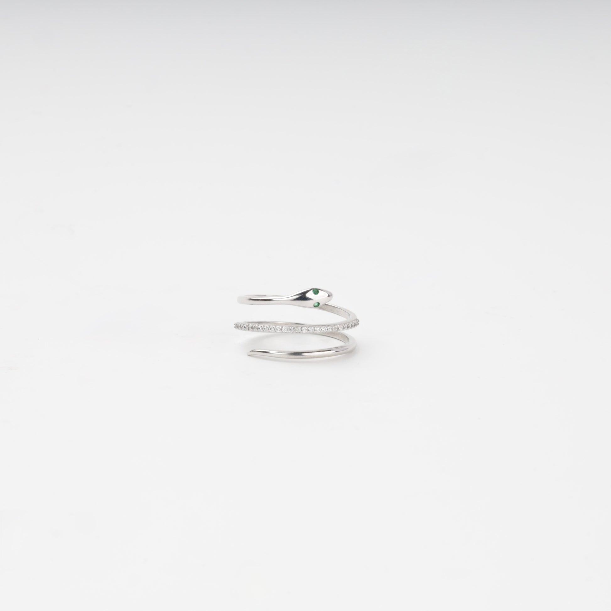 Silver 925 snake wrap ring with cubic zirconia and green stone eyes — Kabluchka
