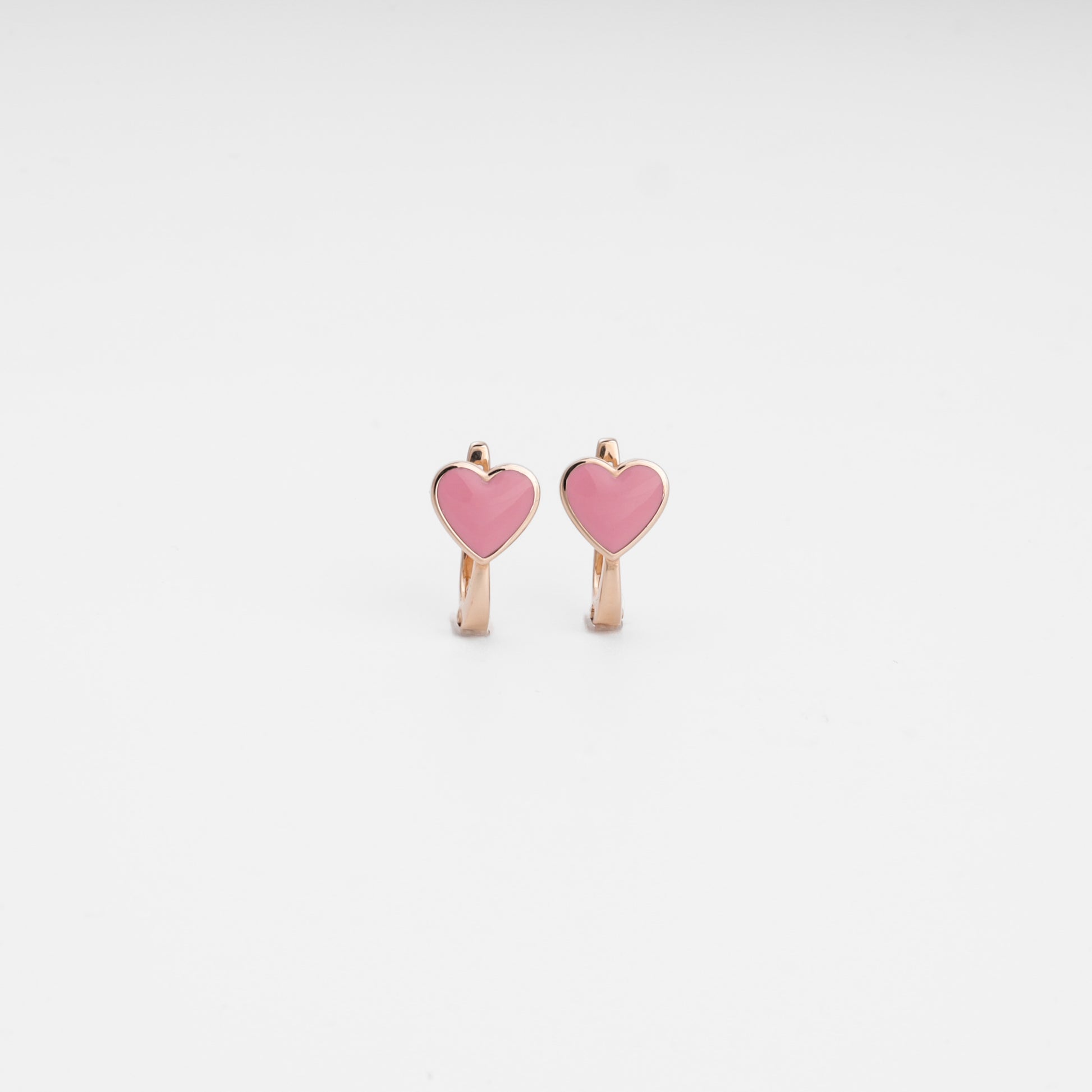 Rose gold 585 children's heart earrings with pink enamel, English lock clasp