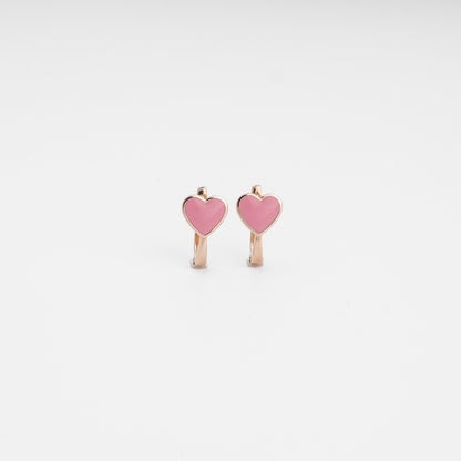 Rose gold 585 children's heart earrings with pink enamel, English lock clasp