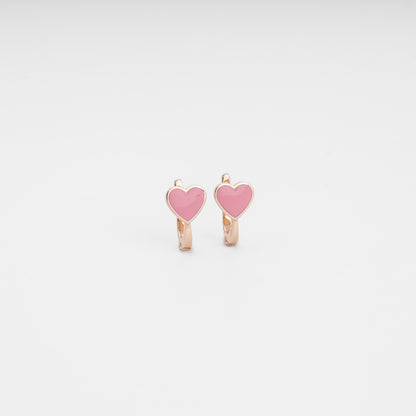 14K rose gold heart drop earrings for girls with pink enamel detail