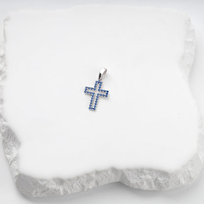 Rhodium-plated silver 925 cross pendant with blue cubic zirconia, front view