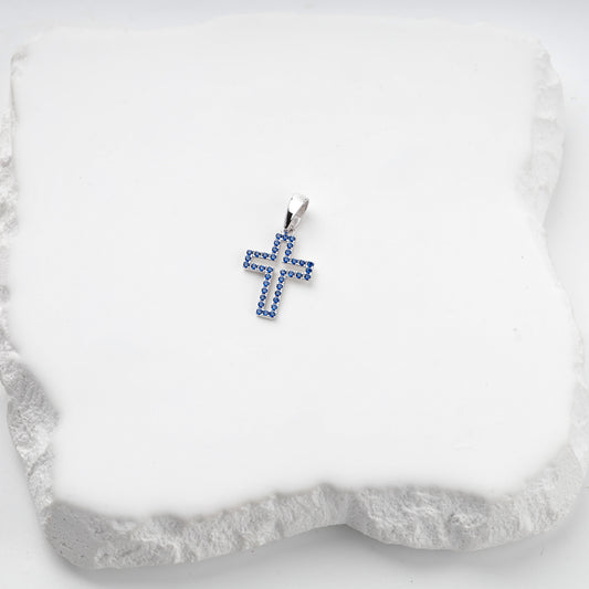 Rhodium-plated silver 925 cross pendant with blue cubic zirconia, front view