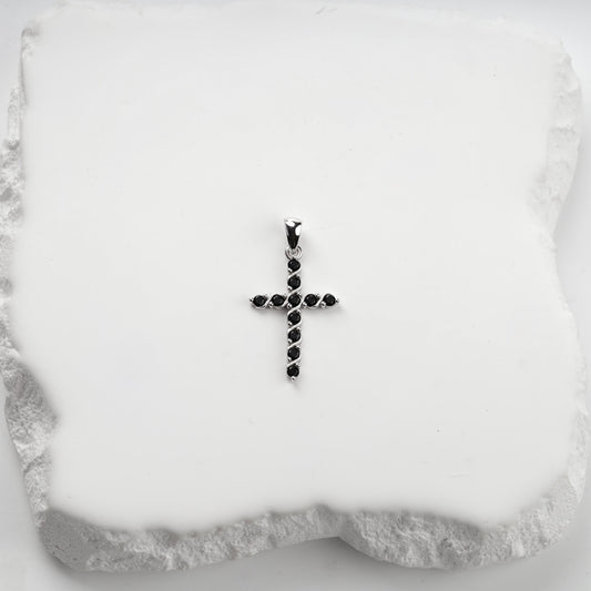 Rhodium-plated silver 925 twisted cross pendant with black cubic zirconia, front view