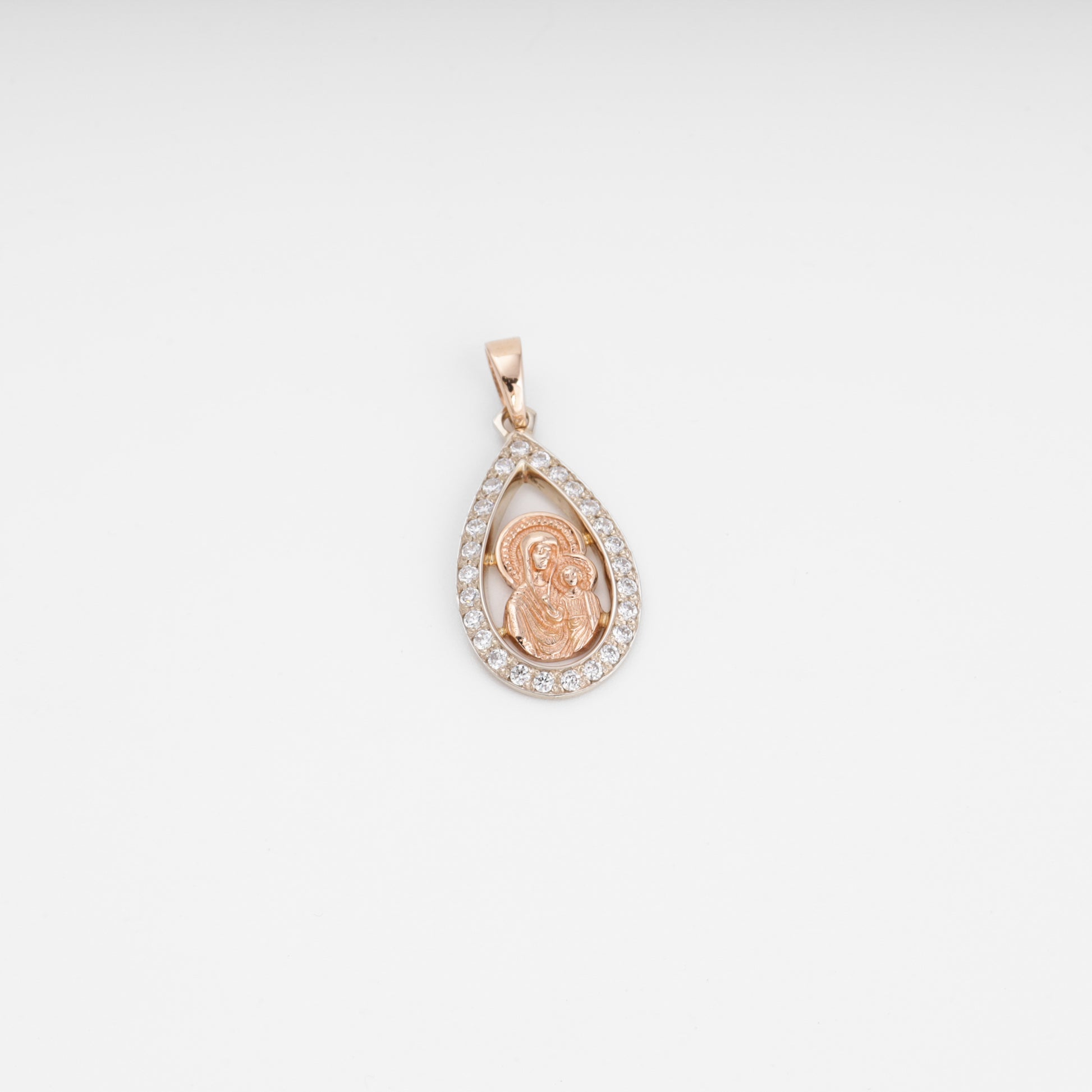 14K rose gold religious pendant Virgin Mary and Child, side view — Kabluchka