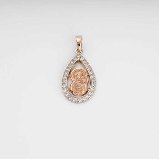 Virgin Mary Teardrop Pendant 14K rose gold with cubic zirconia, front — Kabluchka