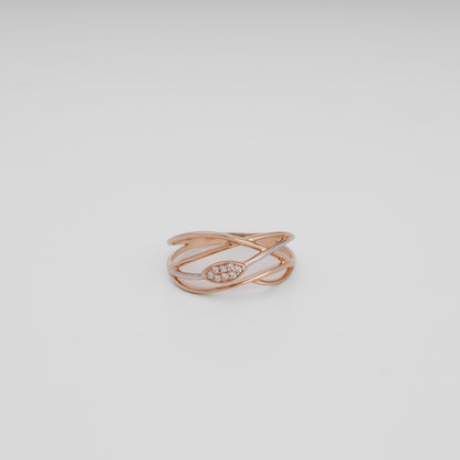 Rose gold intertwining band ring with CZ cluster top view - Kabluchka