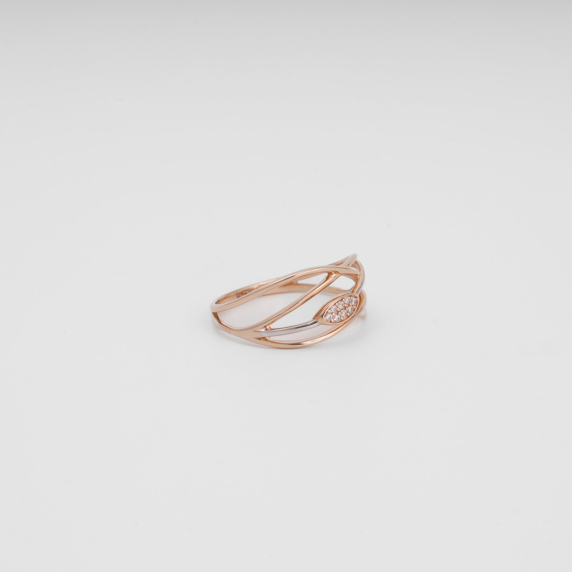 14K rose gold openwork ring leaf motif with cubic zirconia - Kabluchka store