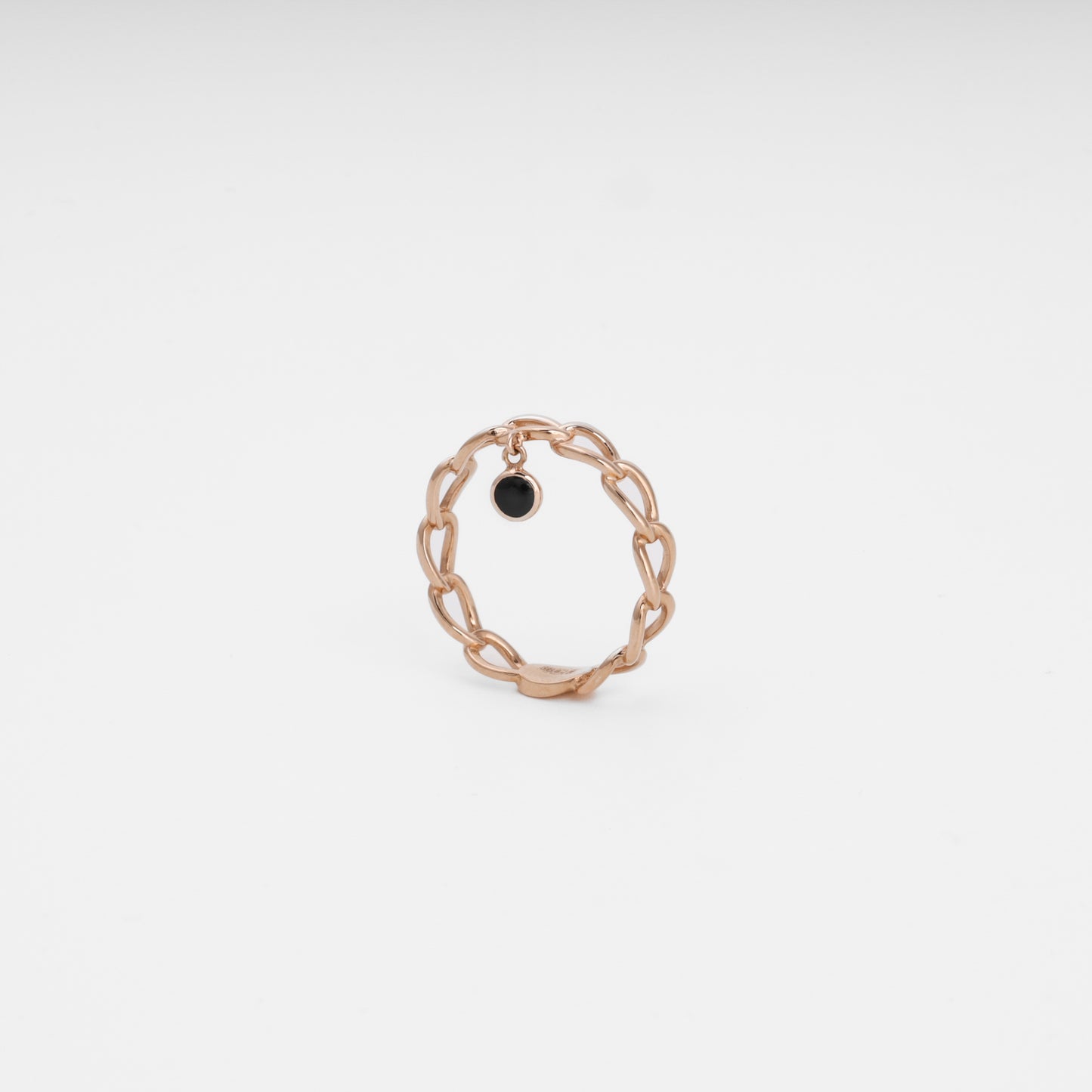 Rose gold chain link ring with black enamel charm front view - Kabluchka jewelry