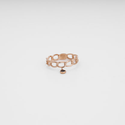Rose gold chain ring with black charm angled view showing hallmark - Kabluchka