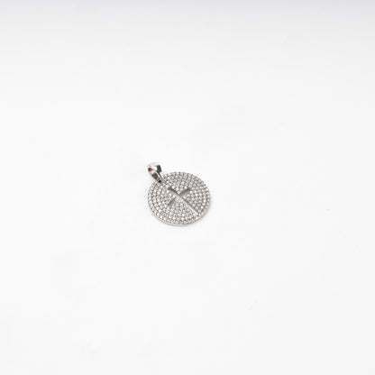 Rhodium-plated silver 925 round cross pendant with clear cubic zirconia, close-up view
