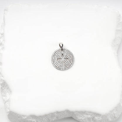 Rhodium-plated silver 925 round cross pendant with clear cubic zirconia, front view