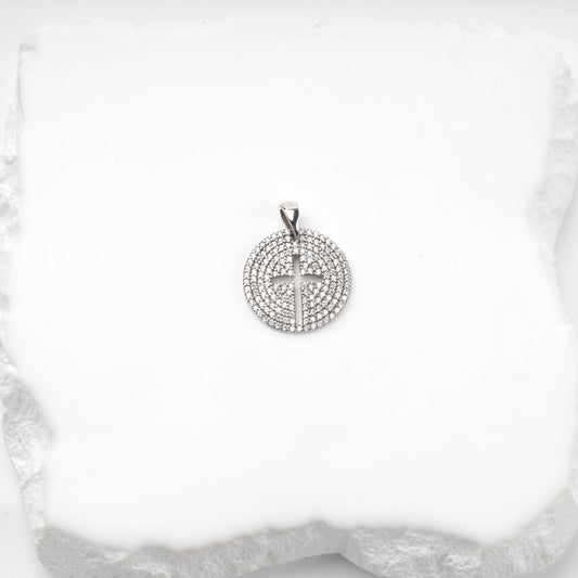 Rhodium-plated silver 925 round cross pendant with clear cubic zirconia, front view