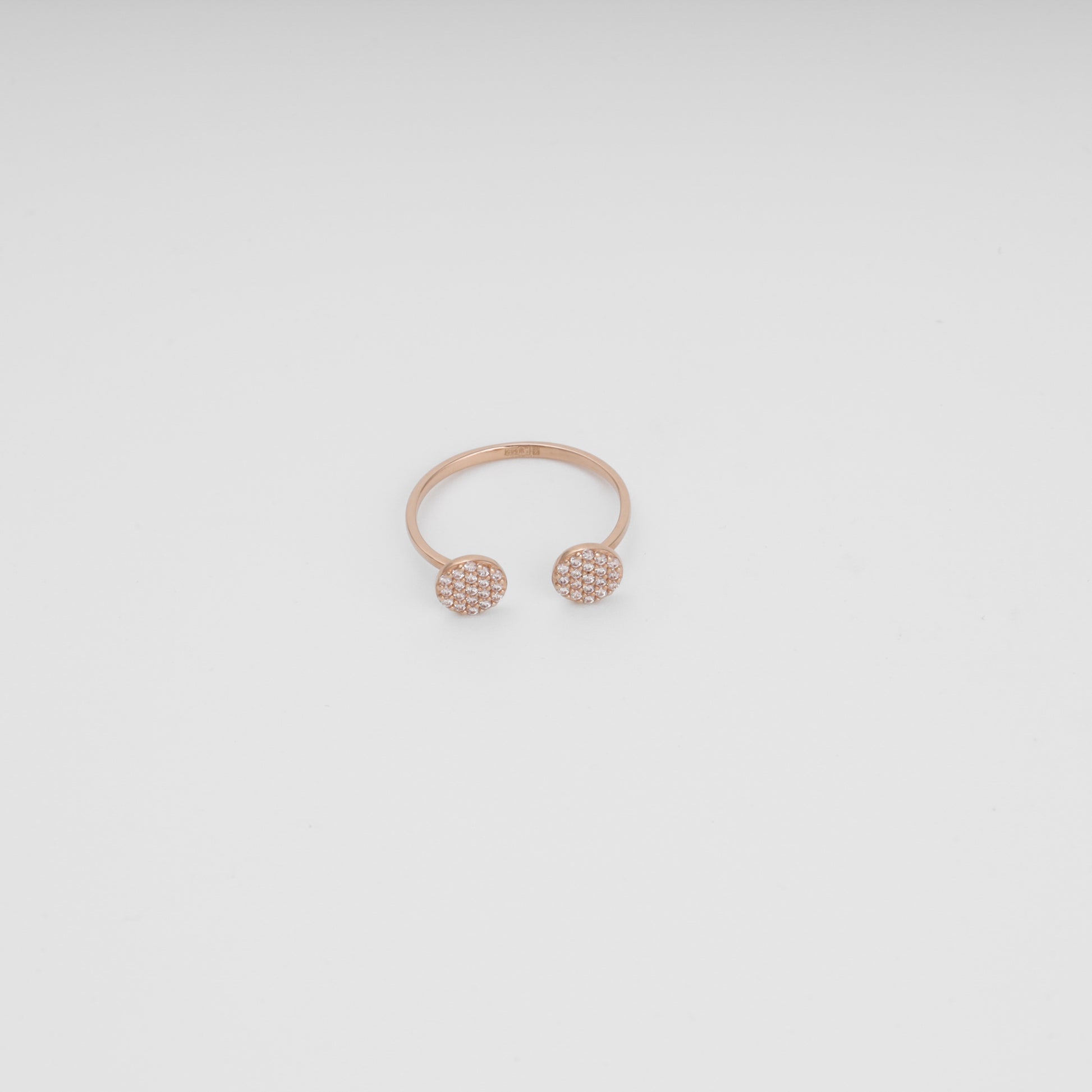 Rose gold open disc ring side angle showing pave stones - Kabluchka