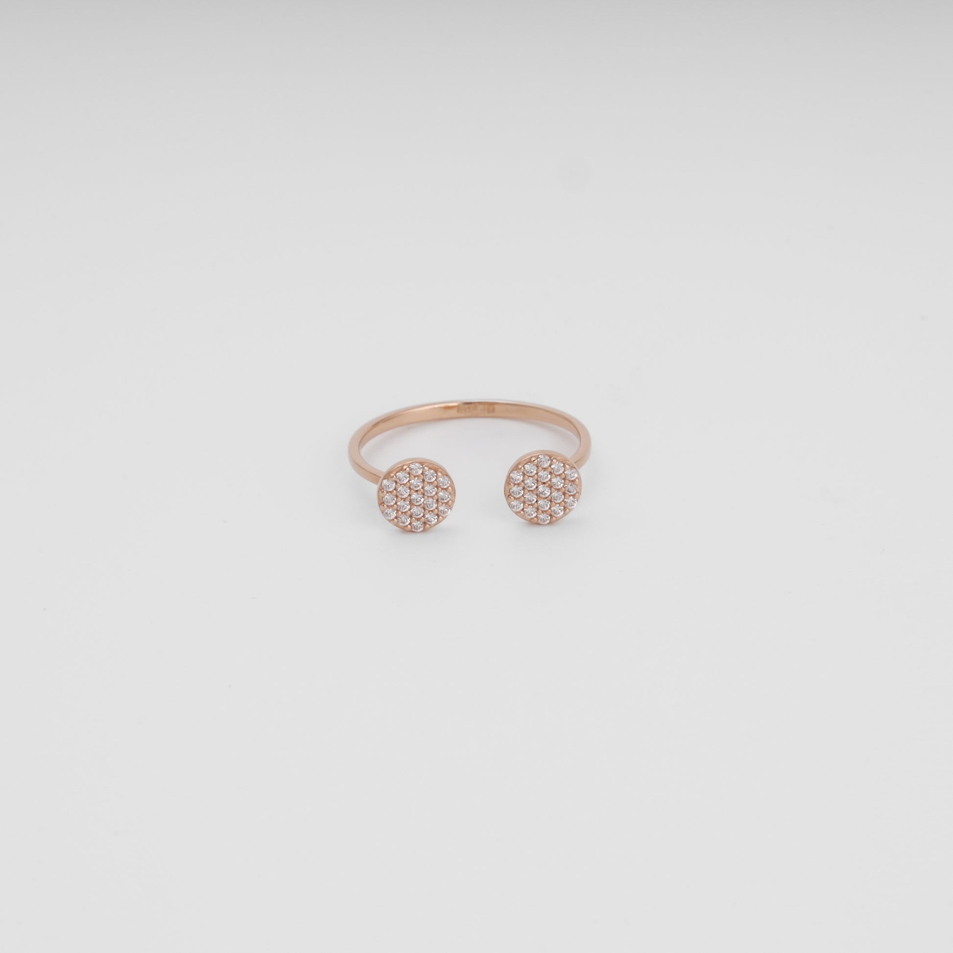 Rose gold open disc ring with cubic zirconia pave setting front view - Kabluchka jewelry