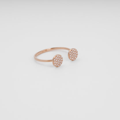 Open cuff ring in 14K rose gold with CZ disc pads three-quarter view - Kabluchka