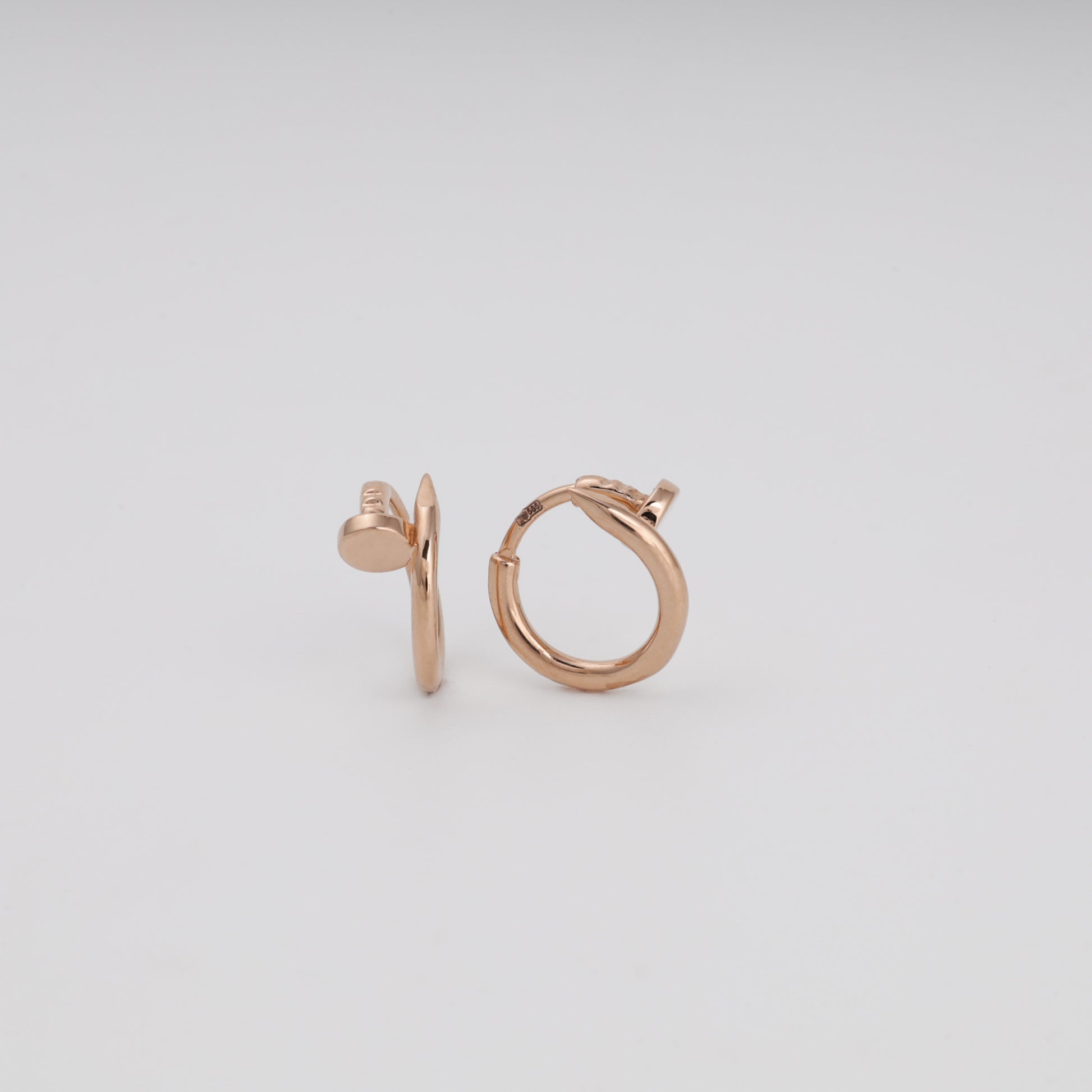 Rose gold 585 polished round huggie earrings, nail head accent — Kabluchka