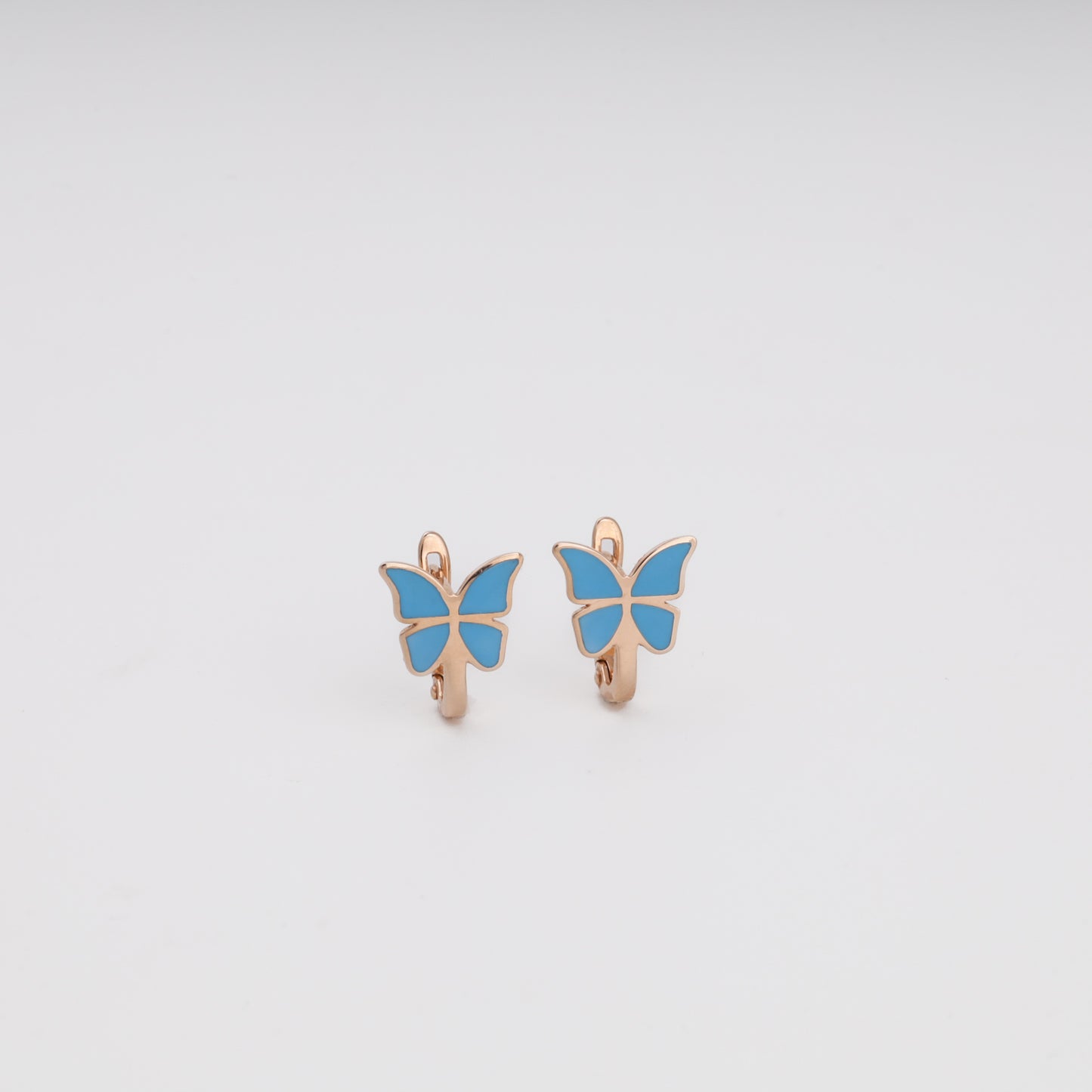 Blue butterfly lever-back earrings in 14K rose gold with enamel wings — Kabluchka Jewelry Store