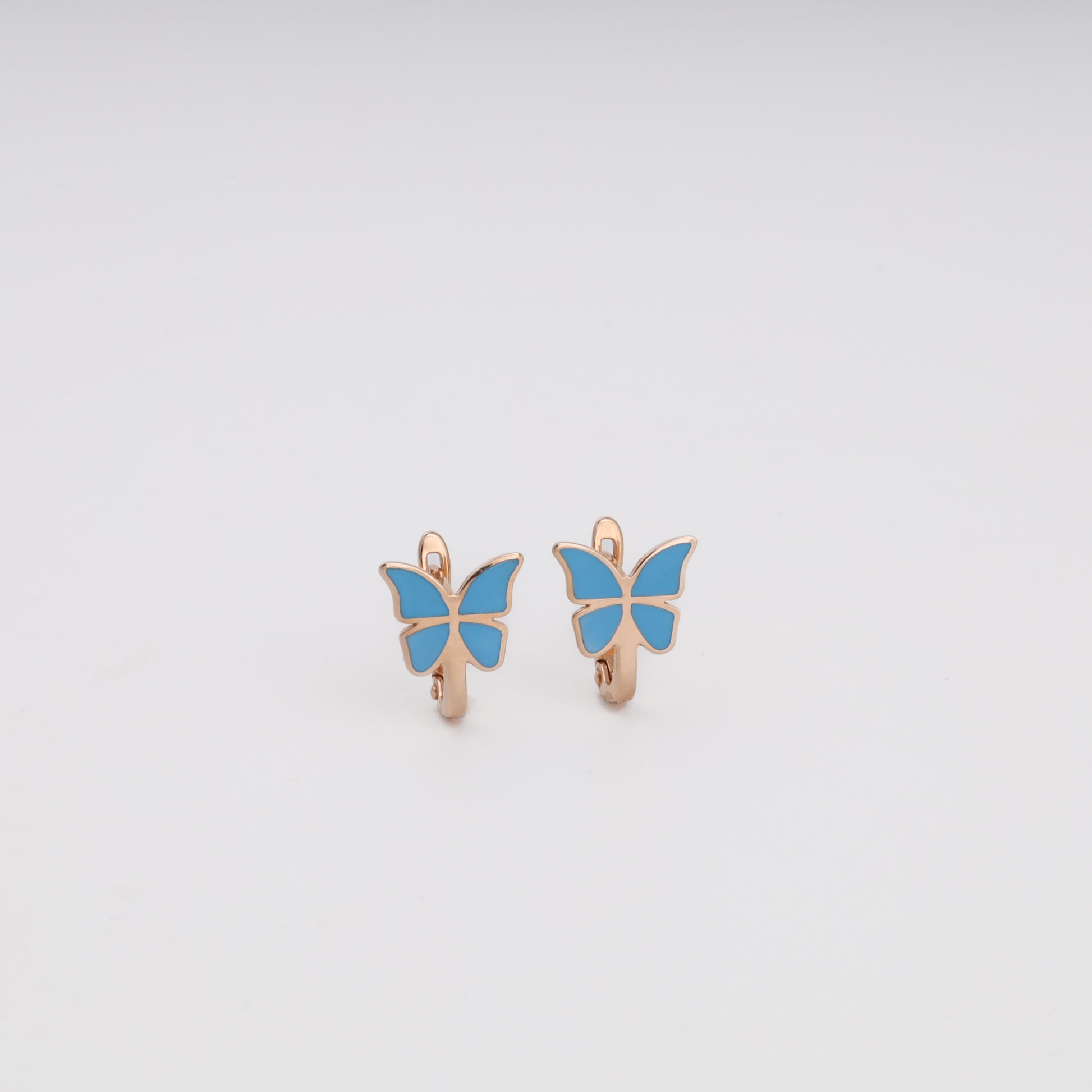 Blue butterfly lever-back earrings in 14K rose gold with enamel wings — Kabluchka Jewelry Store