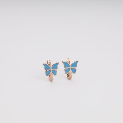 Blue butterfly lever-back earrings in 14K rose gold with enamel wings — Kabluchka Jewelry Store