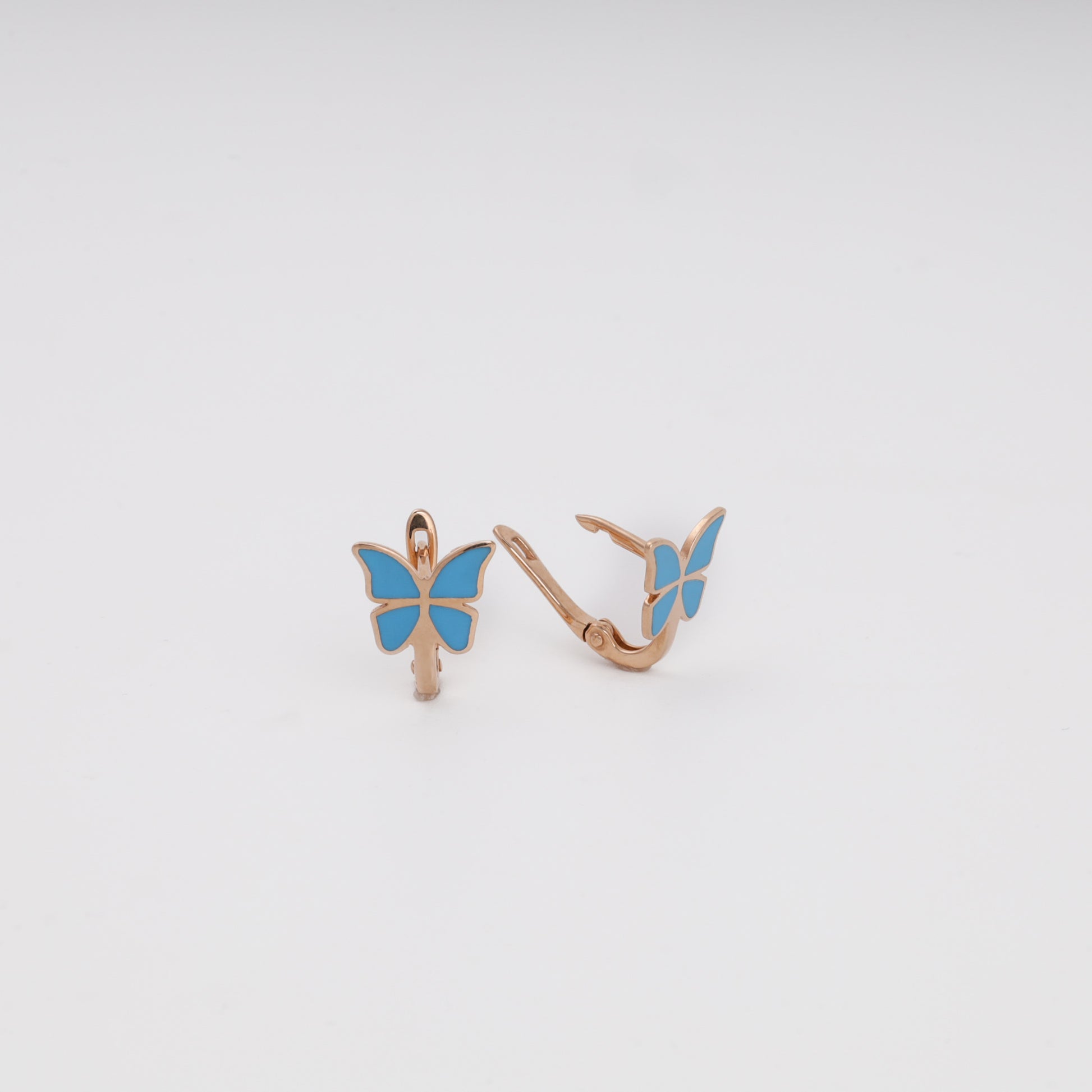 14K rose gold butterfly earrings side profile with blue enamel detail