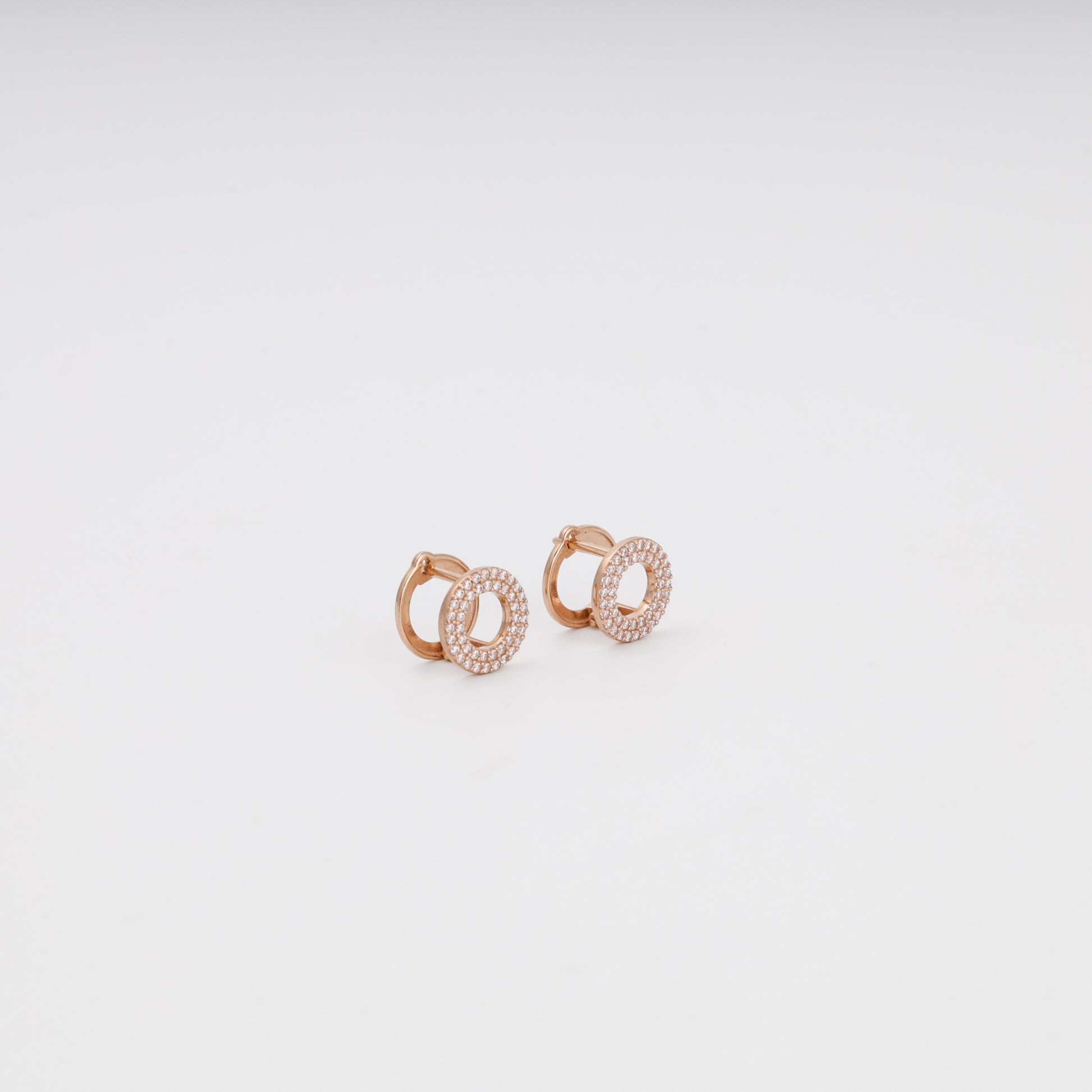 14K rose gold lever-back earrings with two rows of cubic zirconia