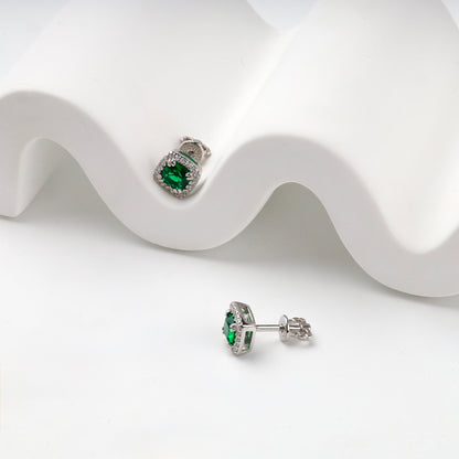 Silver 925 green cubic zirconia stud earring, angled front view