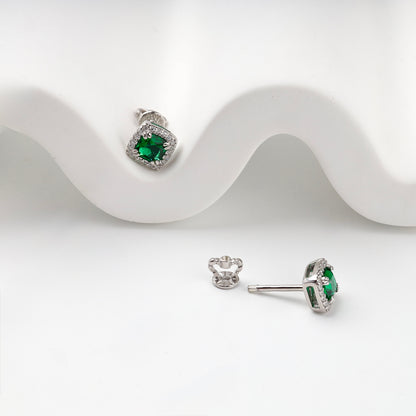 Silver 925 green cubic zirconia halo earring with screw back, side view