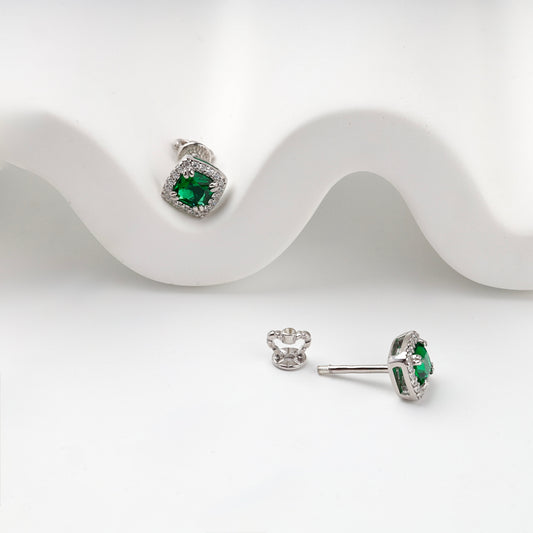 Silver 925 green cubic zirconia halo earring with screw back, side view
