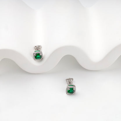 Silver 925 green cubic zirconia halo stud earrings, pair view