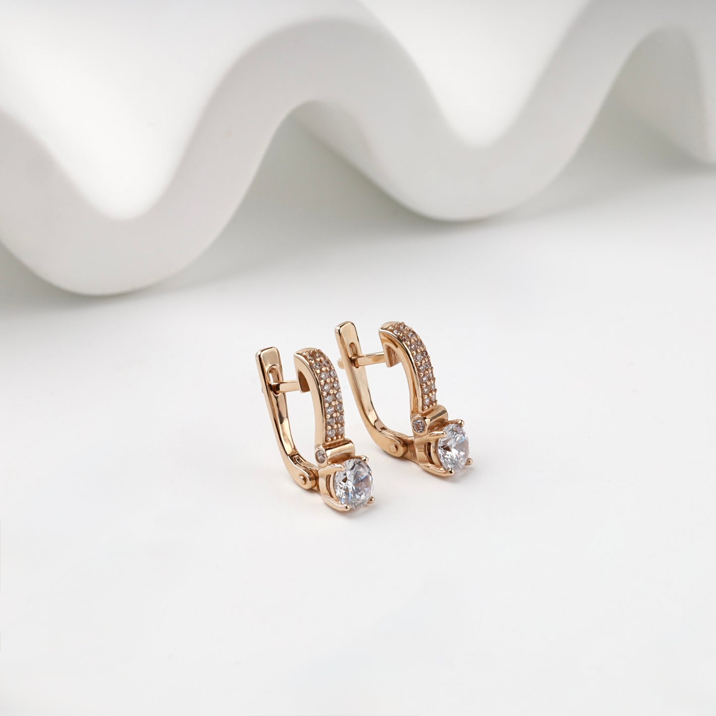 Rose Gold 14K (585) cubic zirconia drop earrings, front view — Kabluchka
