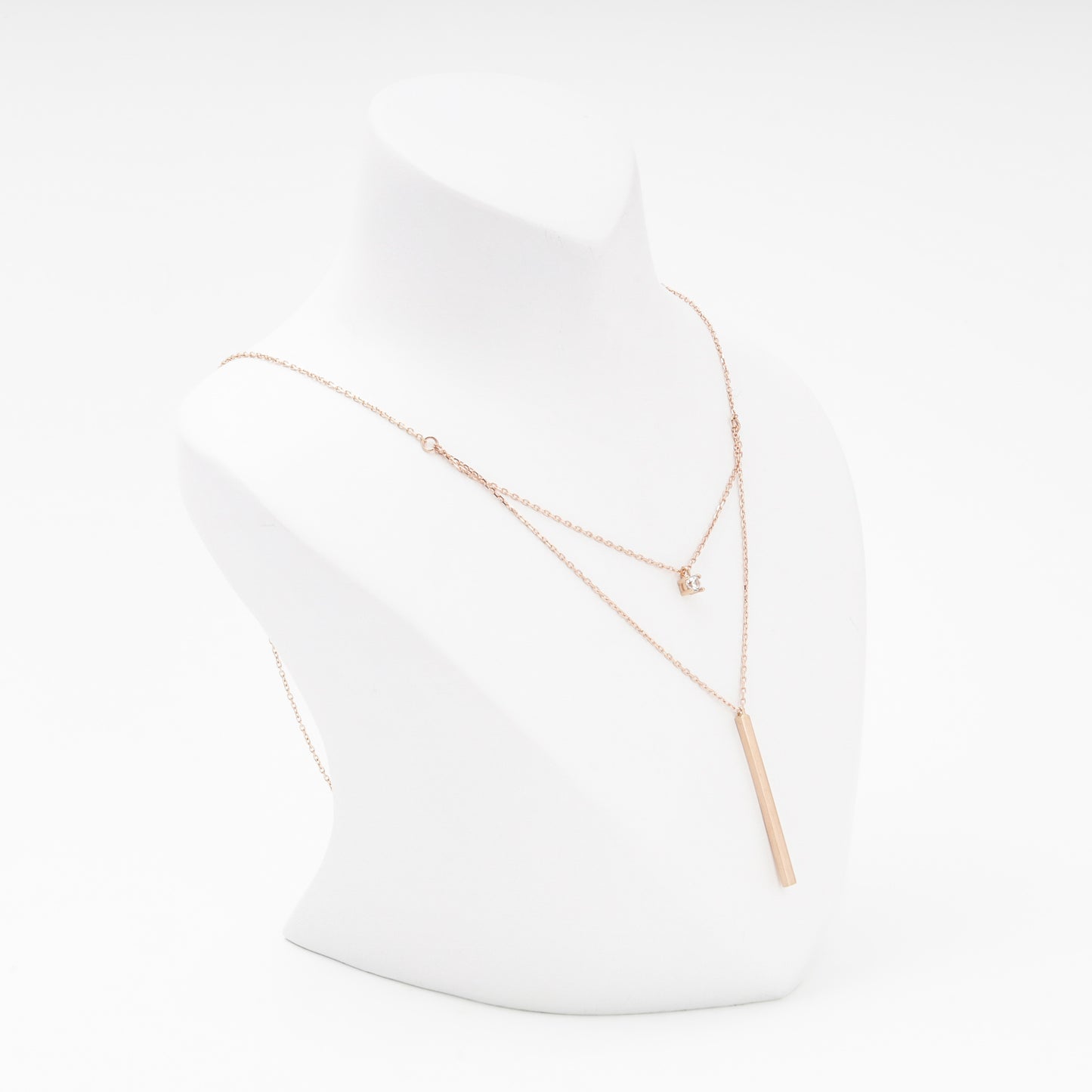 Rose Gold 585 Layered Necklace with Bar Pendant on model — Kabluchka