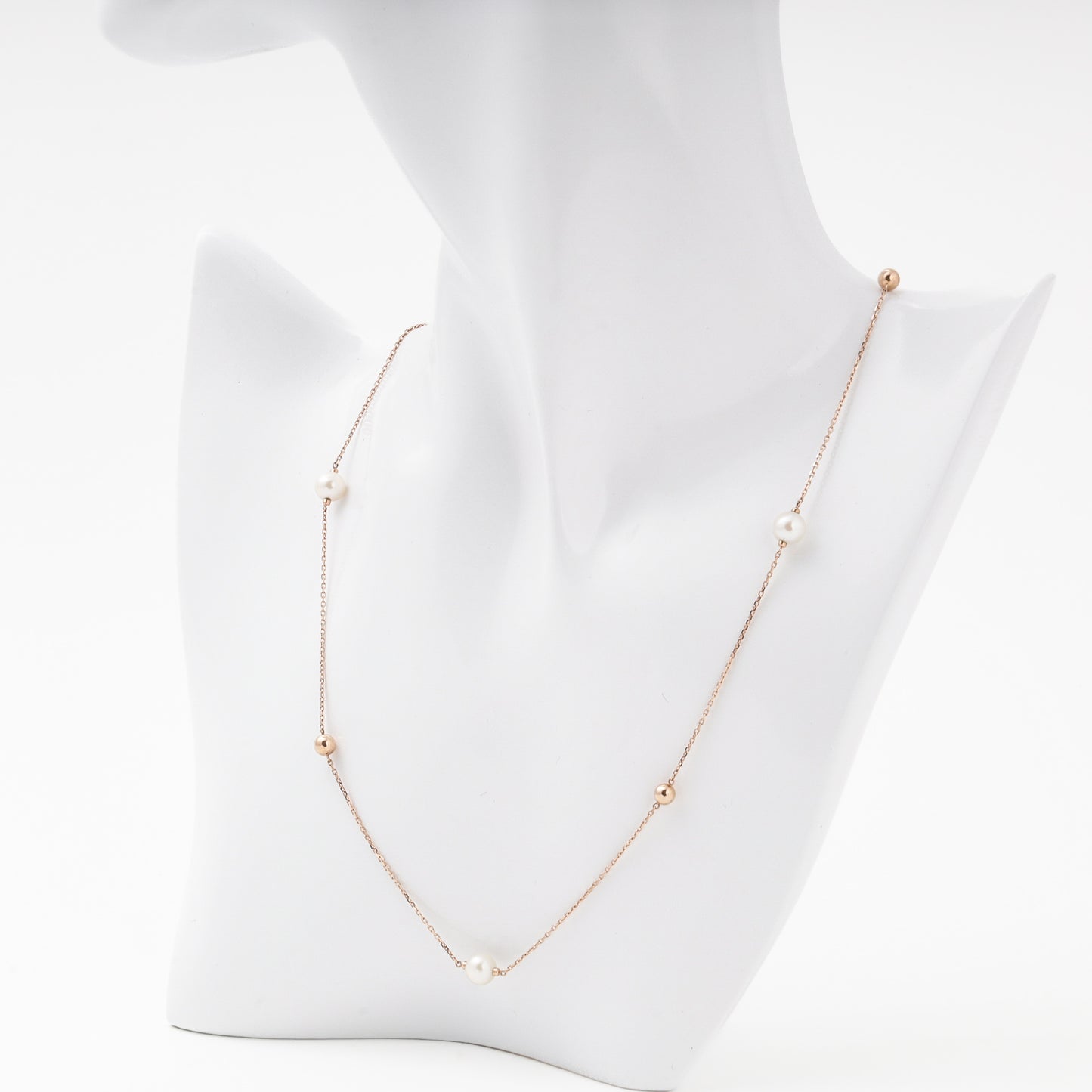 Rose Gold 585 Necklace with Cultured Pearls and Gold Beads — Kabluchka