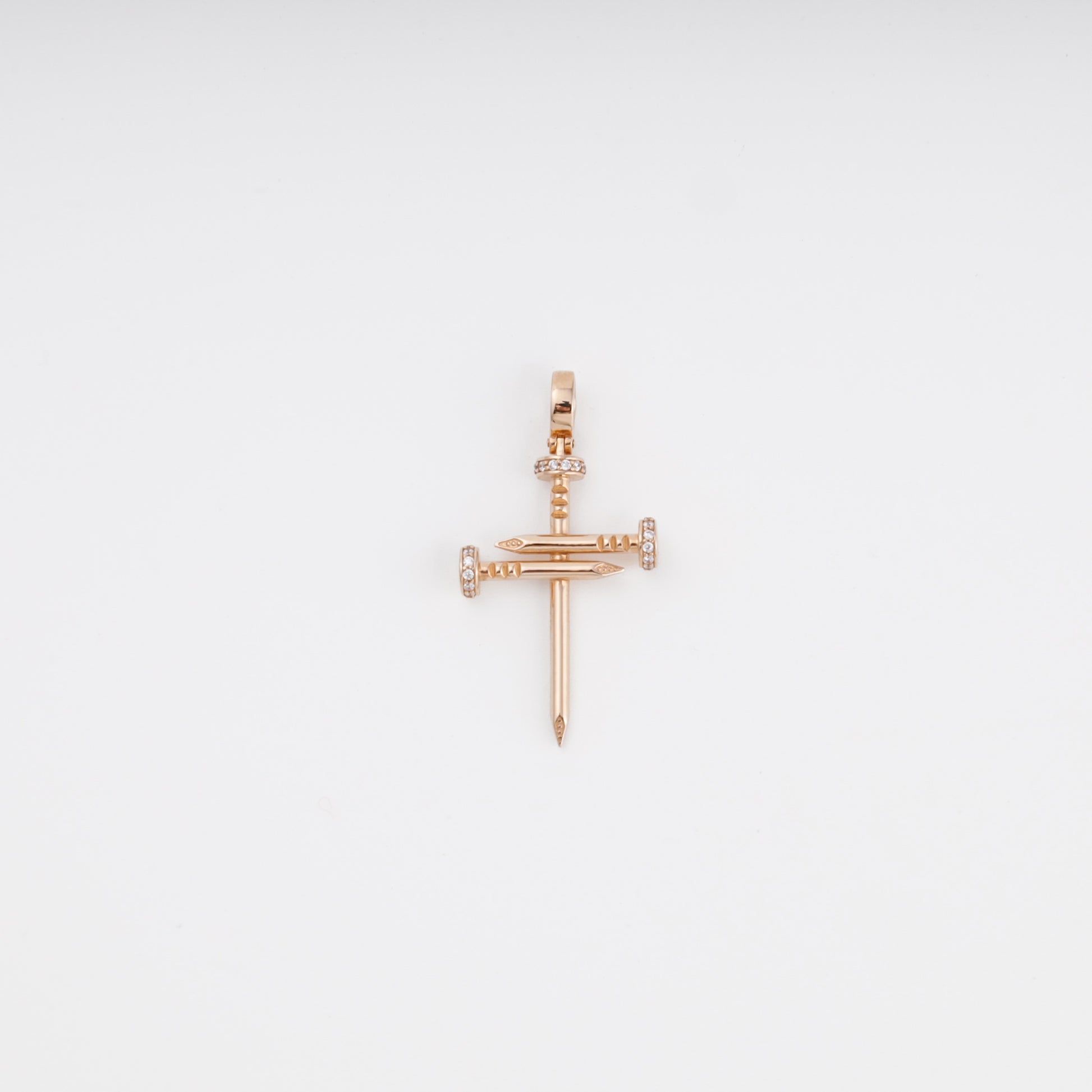 Nail cross pendant in 14K rose gold with pavé zirconia accents — Kabluchka Jewelry Store