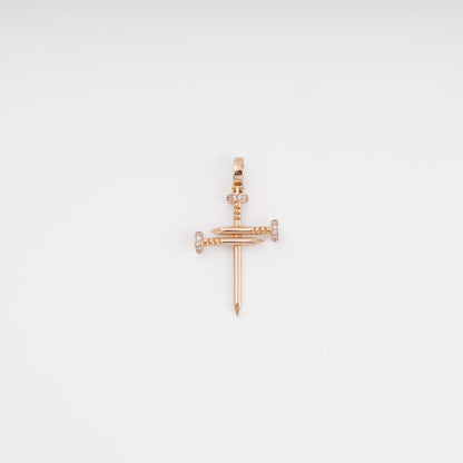 Nail cross pendant in 14K rose gold with pavé zirconia accents — Kabluchka Jewelry Store